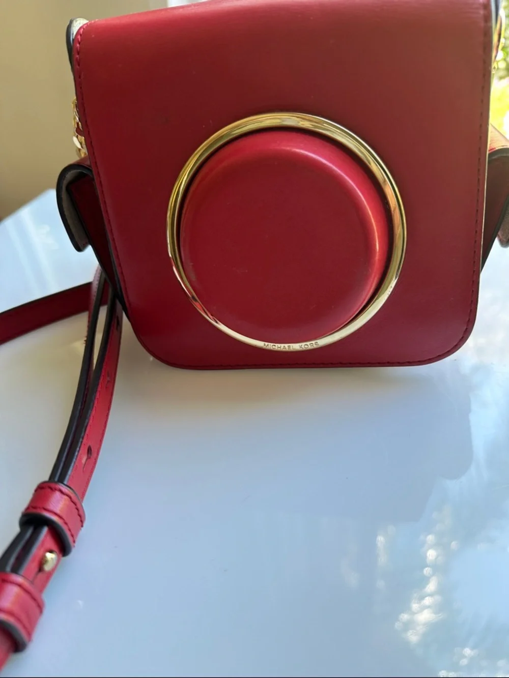 Michael Kors Red Leather Crossbody with Gold Ring Detail - Picture 2 of 12